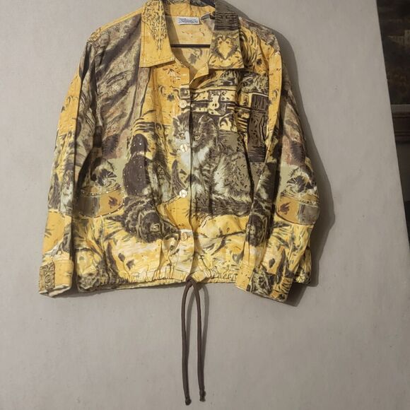 Vintage Yellow Rhinestone Cat Jacket Women's XL Denim w Drawstring Waist Unique - Picture 2 of 12